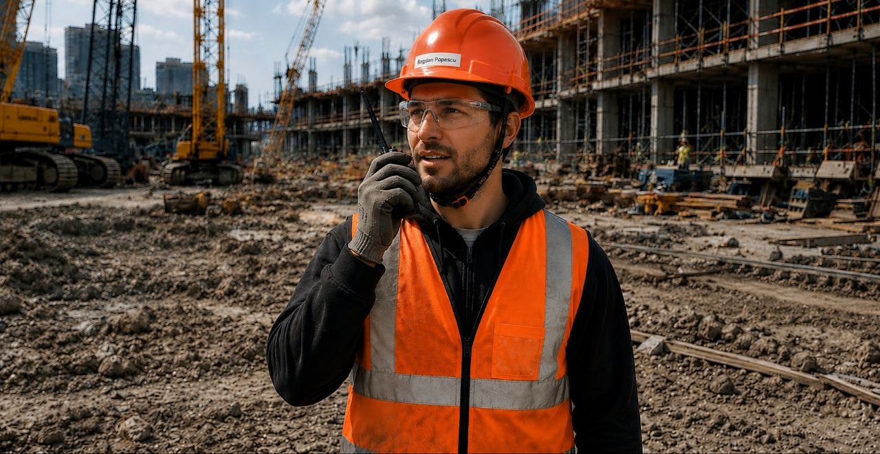Construction worker on radio